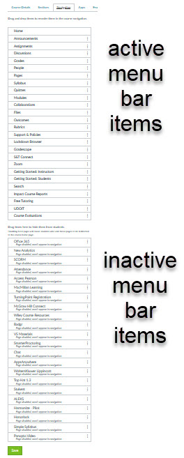 Possible list of menu items for the course navigation bar.